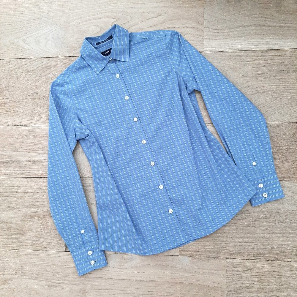 NWOT Lands' End Wrinkle-Free Broadcloth Button-Down Blouse, Blue/Yellow, 00P